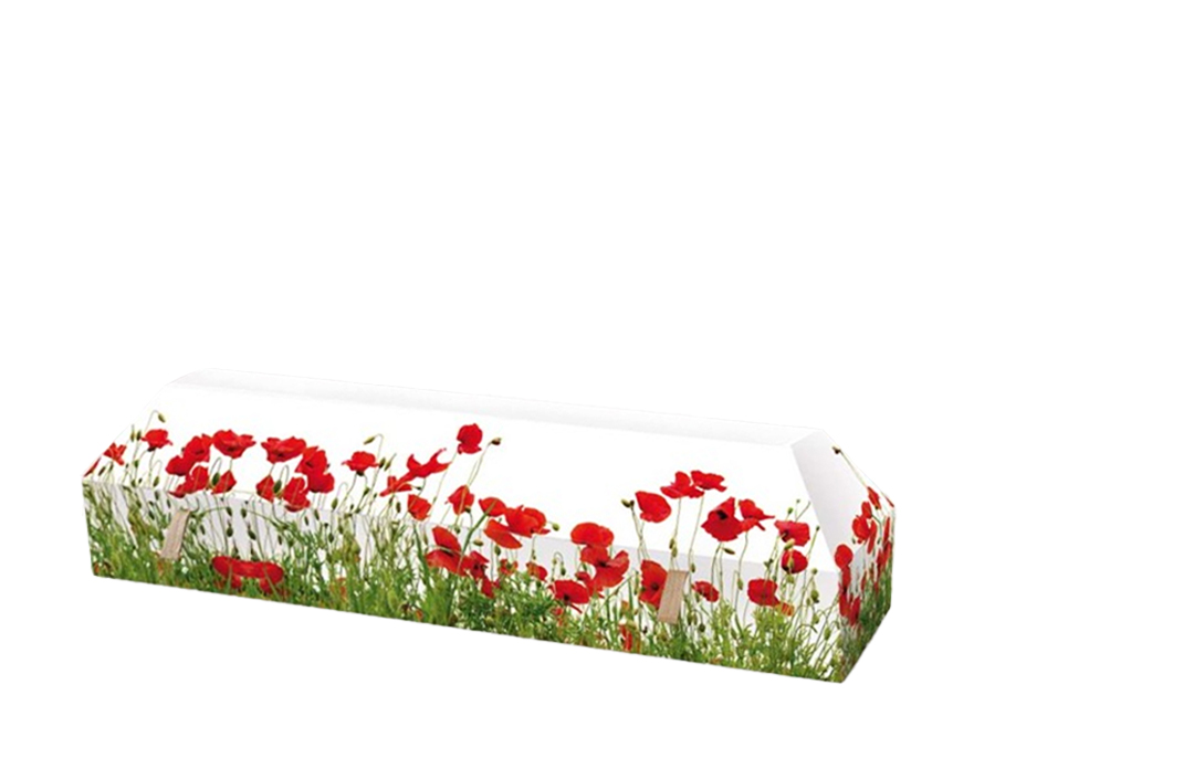 Cercueil personnalisé en carton, motif coquelicots