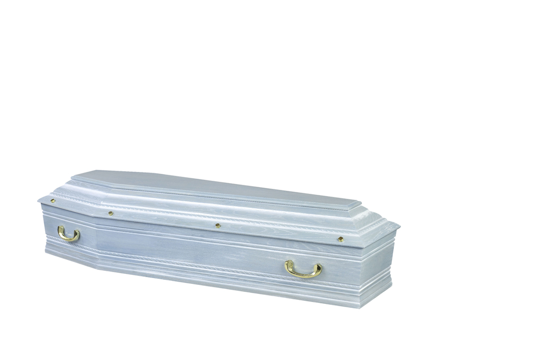 Cercueil en chêne massif, finition cérusé bleu